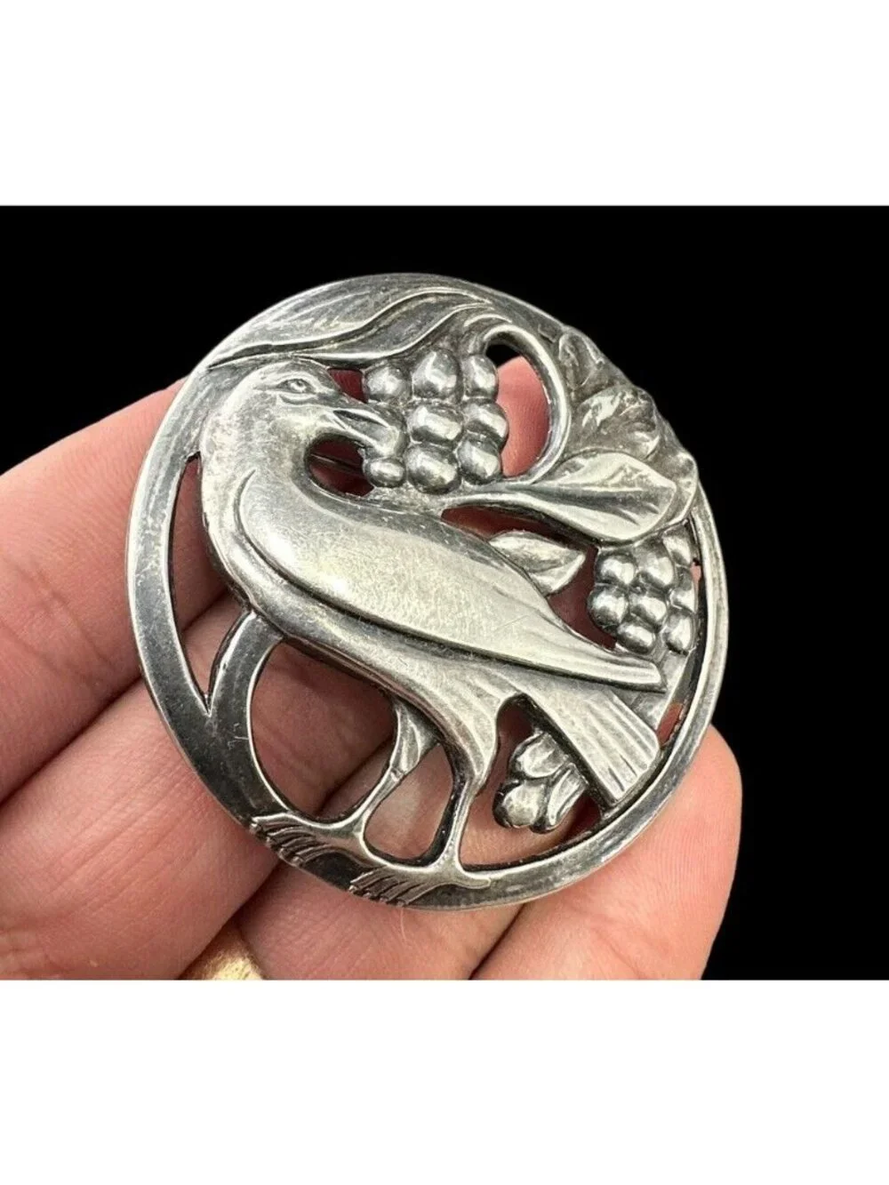 Mid Century Sterling Silver Bird Eating Berries Brooch Round Floral Vintage Pin